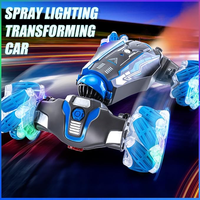 4WD Stunt Car 2.4 GHz Gesture Sensor RC Cars Double-Sided Vehicle 360° Flip RC Twist Buggy with Music Spray - Best Christmas and Birthday Present for Boys and Girls Aged 6-12 (Blue)