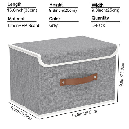 Yawinhe Collapsible Storage Bin, Cube Organizer Basket, Fabric Box with Lids, Washable and Leather Handle, for Home, Closet, Grey, 15.0''Lx9.8''Wx9.8''H, 5-Pack, USNK024GL-5