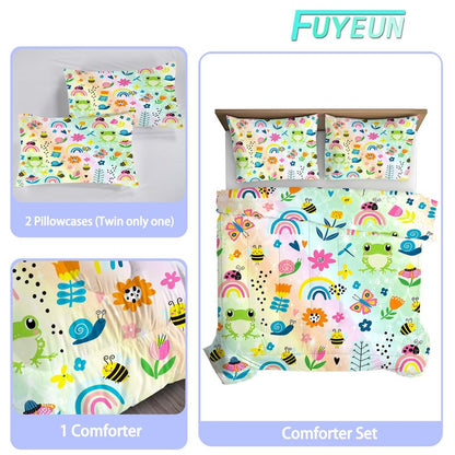 FUYEUN Rainbow Comforter Set Queen Size Cartoon Frogs Bedding Sets for Girls Kids Women Boys Flowers Butterfly Bees Snails Insects Cute Kawaii Quilt 1 Comforter + 2 Pillow Cases