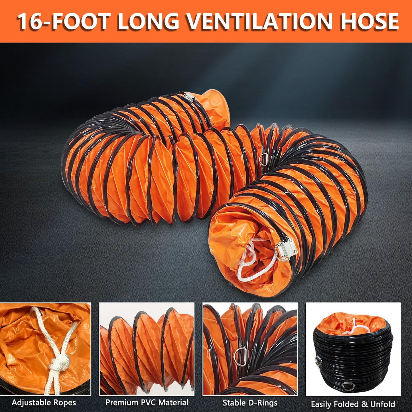 HYITCL 10 Inch Utility Blower Fan 1600CFM Industrial Portable Exhaust Fan with 16.4Ft Duct Hose, 3300 r/min High Velocity Ventilation Extraction and Ventilation Fan