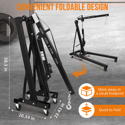 Hydraulic Engine Hoist 2 Ton, Cherry Picker Shop Crane with 6 Casters and Telescopic Boom, 4400 Lbs Heavy Duty Engine Hoist Crane Lift for Garage, Workshop, Automotive Repair, Black