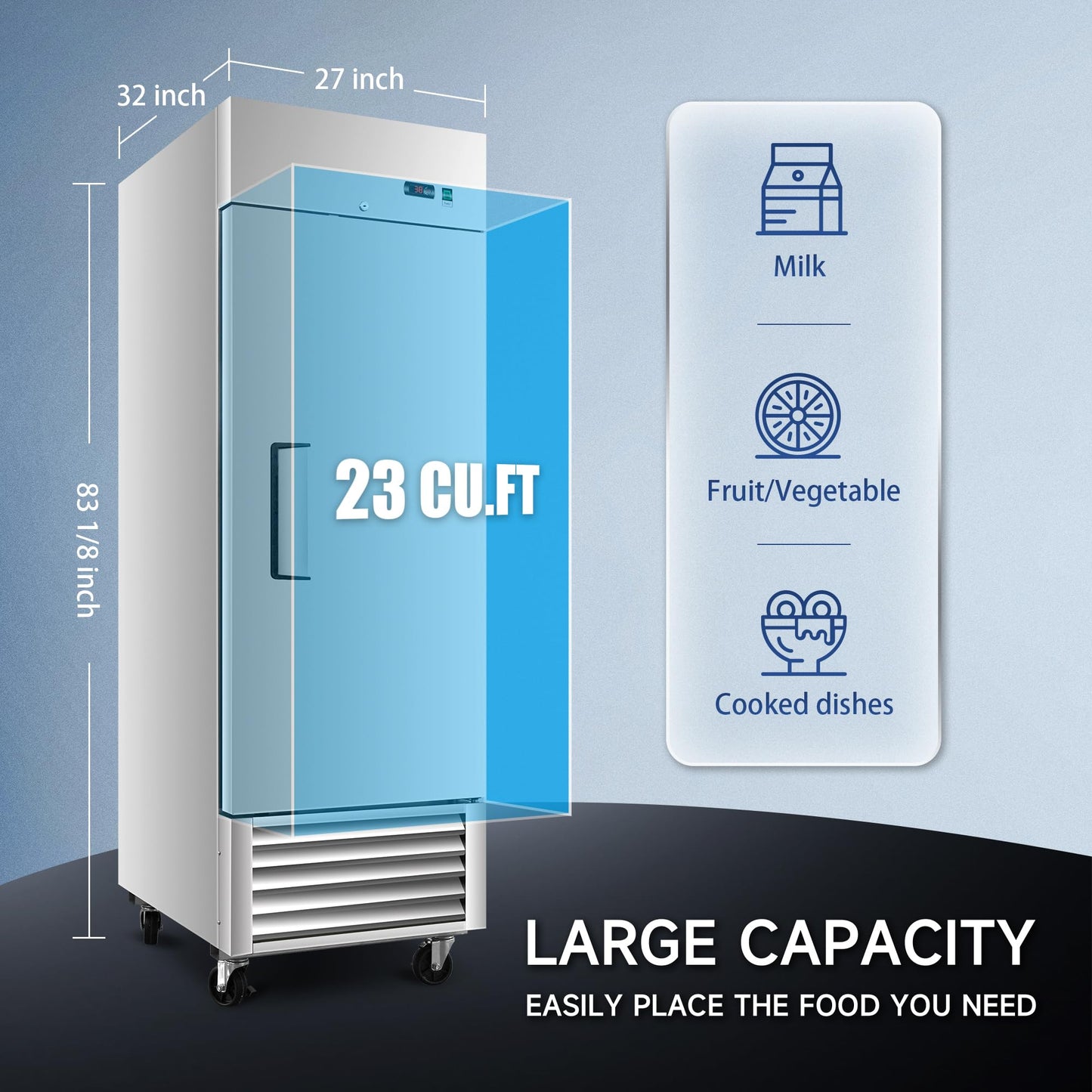 27"W Commercial Freezer,23 Cu.ft Refrigerator with 1 Solid Door Reach-In Freezers Stainless Steel,ETL Approved Upright Freeze Storage w/4 Casters,3 Adjustable Shelves,LED Light,for Restaurant,Silver