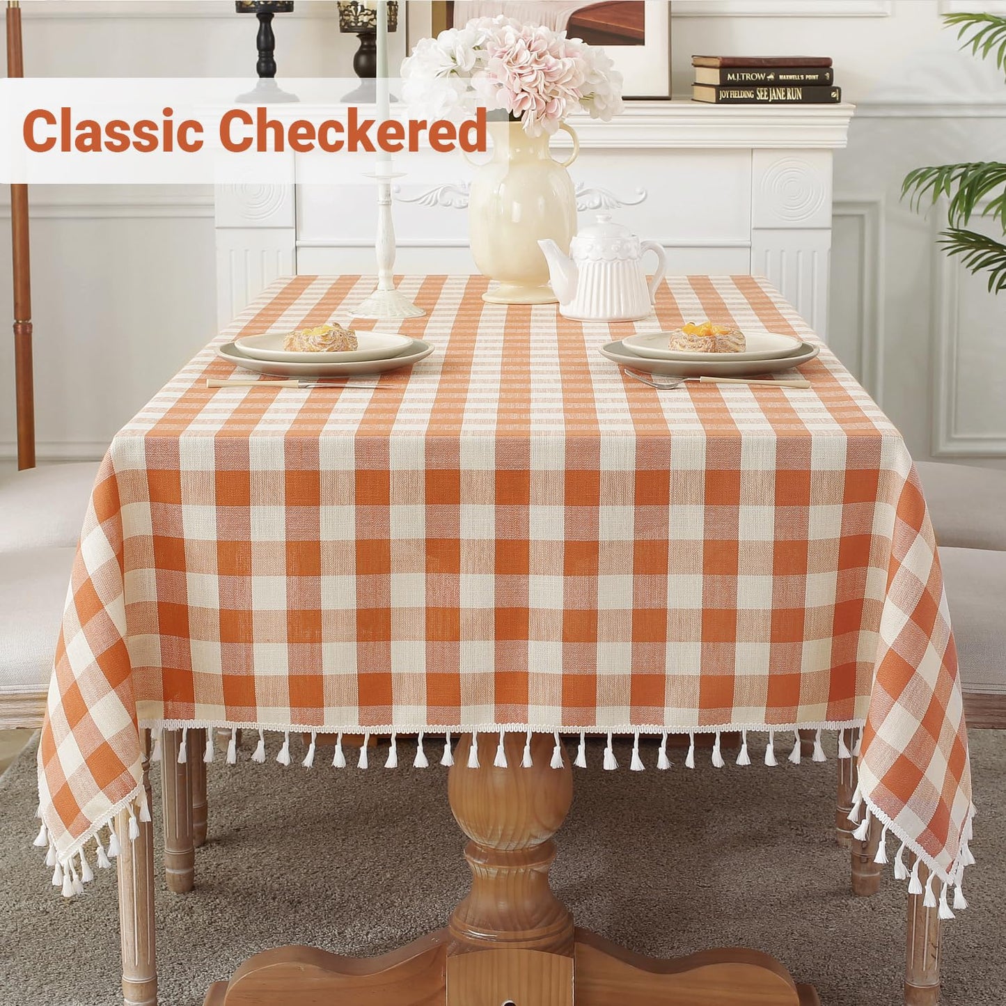 Laolitou Checkered Fall Holiday Tablecloth Rectangle Washable Buffalo Plaid Table Cloth with Tassel Cotton Linen Thanksgiving Gingham Table Cover for Picnic Kitchen Dining Room, Orange, 55 x 55 Inch