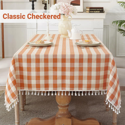 Laolitou Checkered Fall Holiday Tablecloth Rectangle Washable Buffalo Plaid Table Cloth with Tassel Cotton Linen Thanksgiving Gingham Table Cover for Picnic Kitchen Dining Room, Orange, 55 x 55 Inch