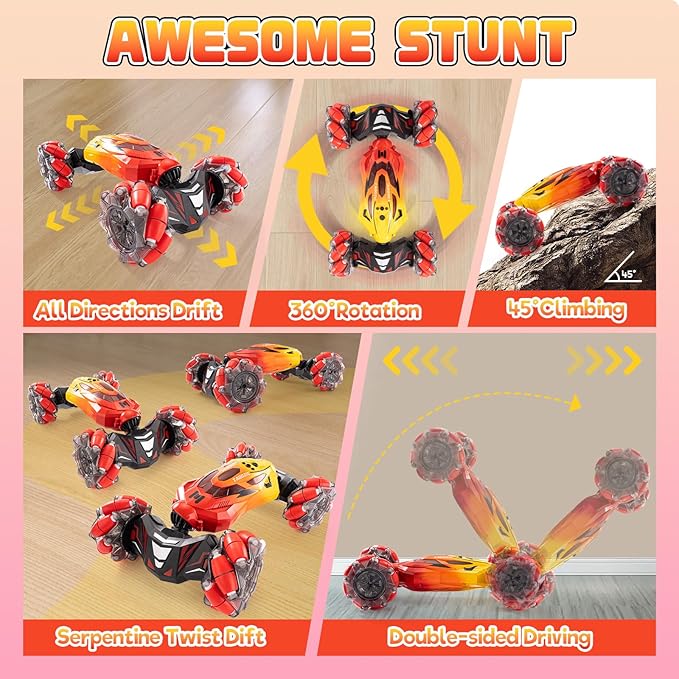 Gesture Sensing RC Stunt Car 2.4GHz 4WD Stunt Car Toys for Ages 6-12 yr Boys Girls Hand Controlled Remote Control Twist Cars Offroad 360° Rotation with Lights and Music for Birthday Gifts