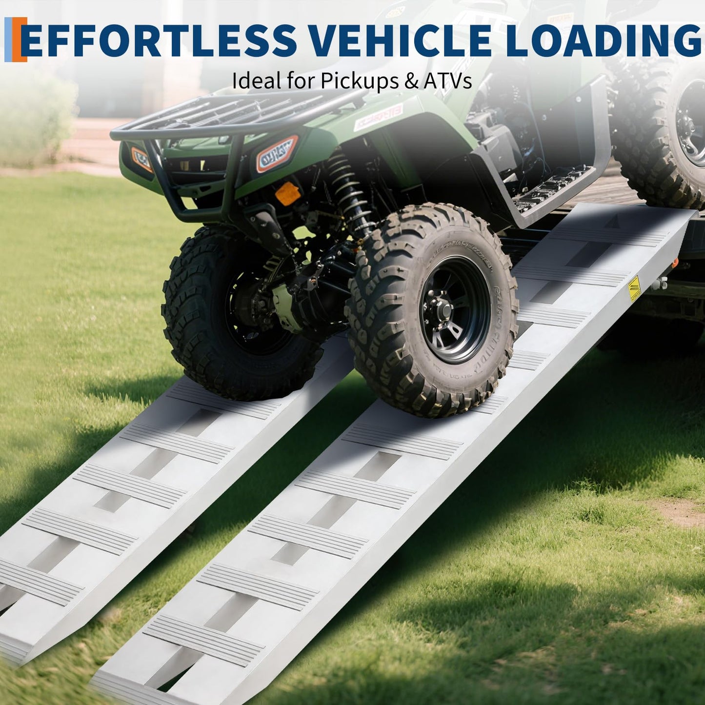 GarveeTech 6000 LBS Capacity Heavy Duty Aluminum Ramps Ultimate Safety Top Hook & Non-Slip Rungs, Tip-Proof Design Commercial Grade Loading Ramps for Trucks, Tractors, ATV/UTV, Lawn Equipment