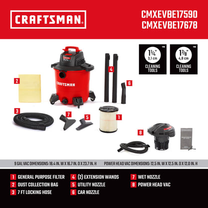 CRAFTSMAN CMXEVBE17590 9 Gallon 4.25 Peak HP Wet Dry Vacuum with Filter, Dust Bag, Hose, Attachments and CRAFTSMAN CMXEVBE17678 1.75 Peak HP Wet Dry Vac Powerhead with Filter Bag and Hose