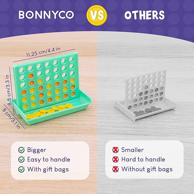 BONNYCO 4 in a Row Pack of 16 Birthday Party Favors for Kids Age 5-12. Classroom Prizes for Students Bulk Gifts Mini Travel Board Games and Toys Goodie Bags and Pinata Stuffers