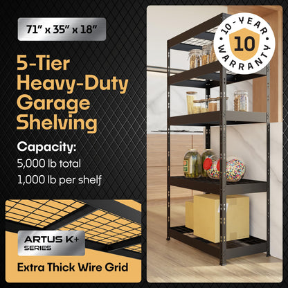 Metalkast Heavy-Duty Metal Garage Shelving | 71" H x 35" W x 18" D | Adjustable Industrial Storage Rack with Wire Shelves | 5-Tier Steel Shelving Unit, 5,000LB Capacity, Rust-Resistant Coating