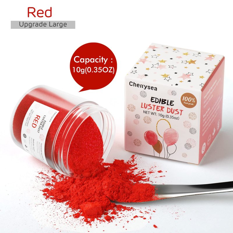 Red Edible Luster Dust 10 Grams, Food Grade Cake Luster Dust Tasteless Dessert Dusting Powders for Baking Cherrysea Food Coloring Powder for Cupcakes, Cake Pops,Fondant,Chocolate, Candy