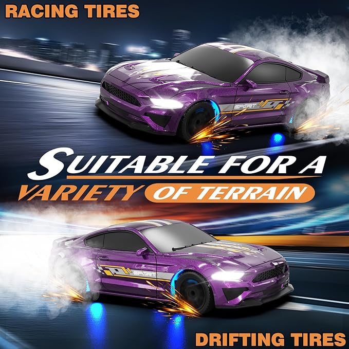 RC Drift Car 1/43 Scale Mini RC Drift Cars with Gyro 4WD Full Proporitonal High Speed Remote Control Car with LED Lights and Drifting Tire Hobby Racing Cars for Kids Boys Girls Purple