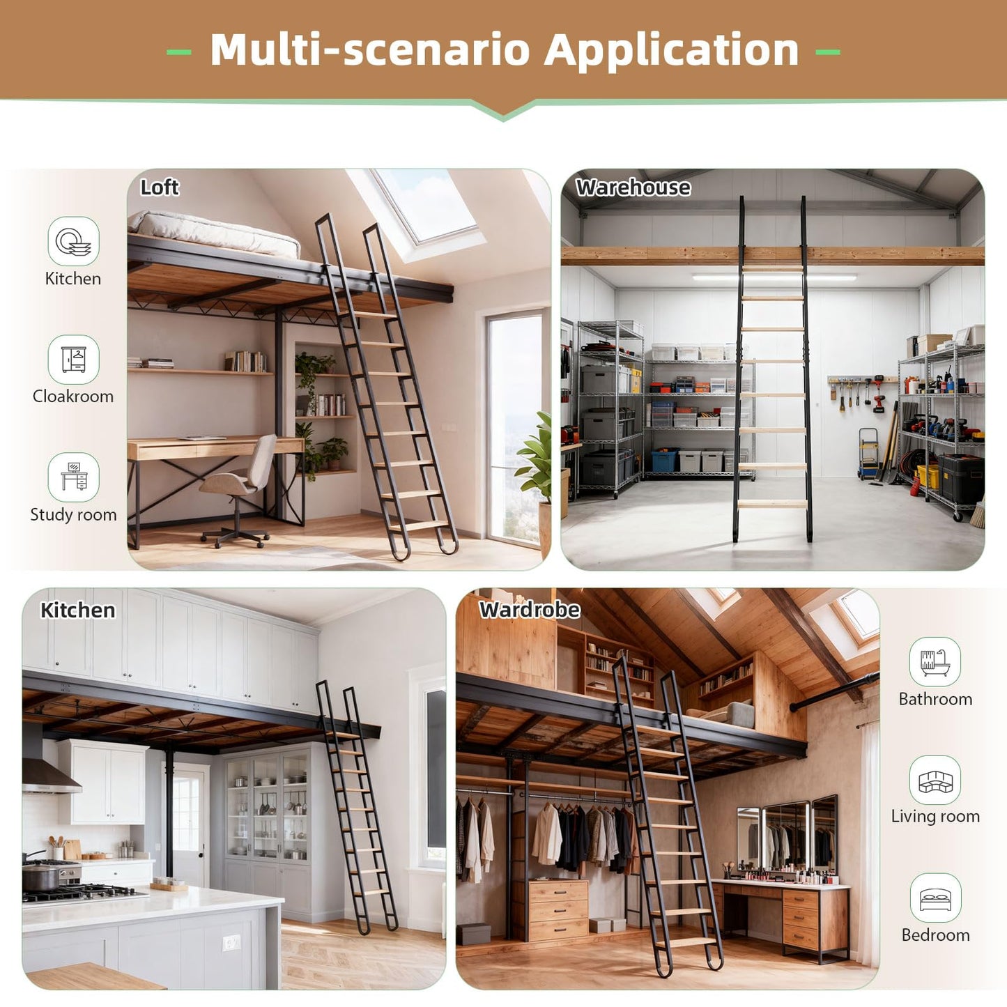 11.35FT Industrial Style Loft Ladder, 9 Steps with Black Steel Handrails & Solid Wood Steps, 450lbs Capacity, Fits 9.2-10FT Installation Height,for Attic, Kitchen, Warehouse,Bookshelf& Outdoor