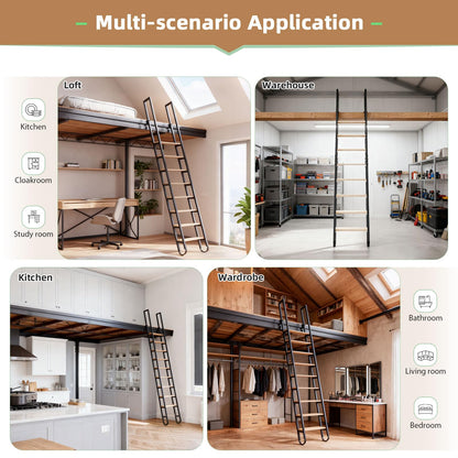 11.35FT Industrial Style Loft Ladder, 9 Steps with Black Steel Handrails & Solid Wood Steps, 450lbs Capacity, Fits 9.2-10FT Installation Height,for Attic, Kitchen, Warehouse,Bookshelf& Outdoor