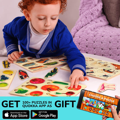 QUOKKA Wooden Puzzles for Toddlers 1-3 – 3xSET Kids Puzzles Ages 2-4 – Montessori Toy Puzzle for Toddlers 3-5 – Wood Toy Learning Realistic Fruits - Cars - Vegetables for Boy and Girl