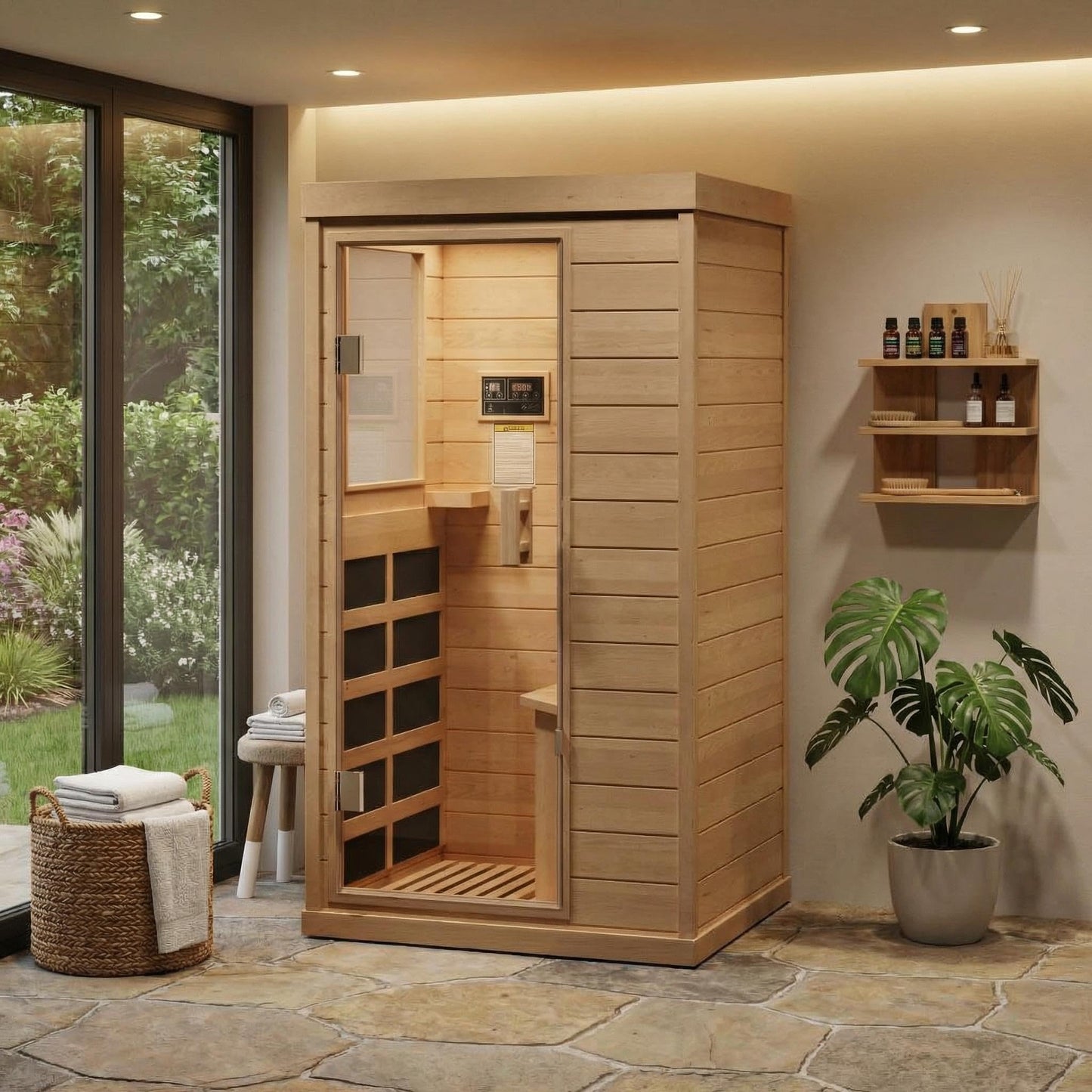 IDEALHOUSE Far Infrared Sauna for Home, 1-2 Person Indoor Sauna Room with Low EMF Heaters, Canadian Hemlock Wood, Warm White Light & Bluetooth Speakers, 1200W/110V Plug & Play, 32.7" x 27.6" x 60.2"