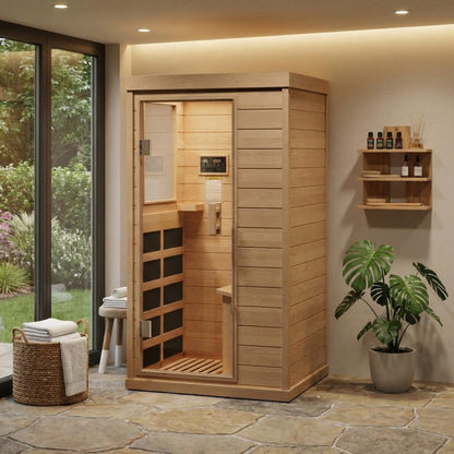 IDEALHOUSE Far Infrared Sauna for Home, 1-2 Person Indoor Sauna Room with Low EMF Heaters, Canadian Hemlock Wood, Warm White Light & Bluetooth Speakers, 1200W/110V Plug & Play, 32.7" x 27.6" x 60.2"