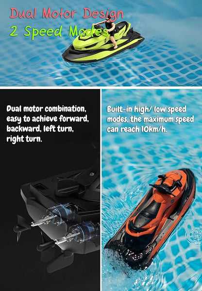 2.4 GHz RC Motorboat Dual-Motor 10 km/h High-Speed Electric Racing Jet Ski Toy 50 m Control Range 20 min Play Low-Battery Alarm Distachable Driver Figure for Kids &amp Adults (Green)