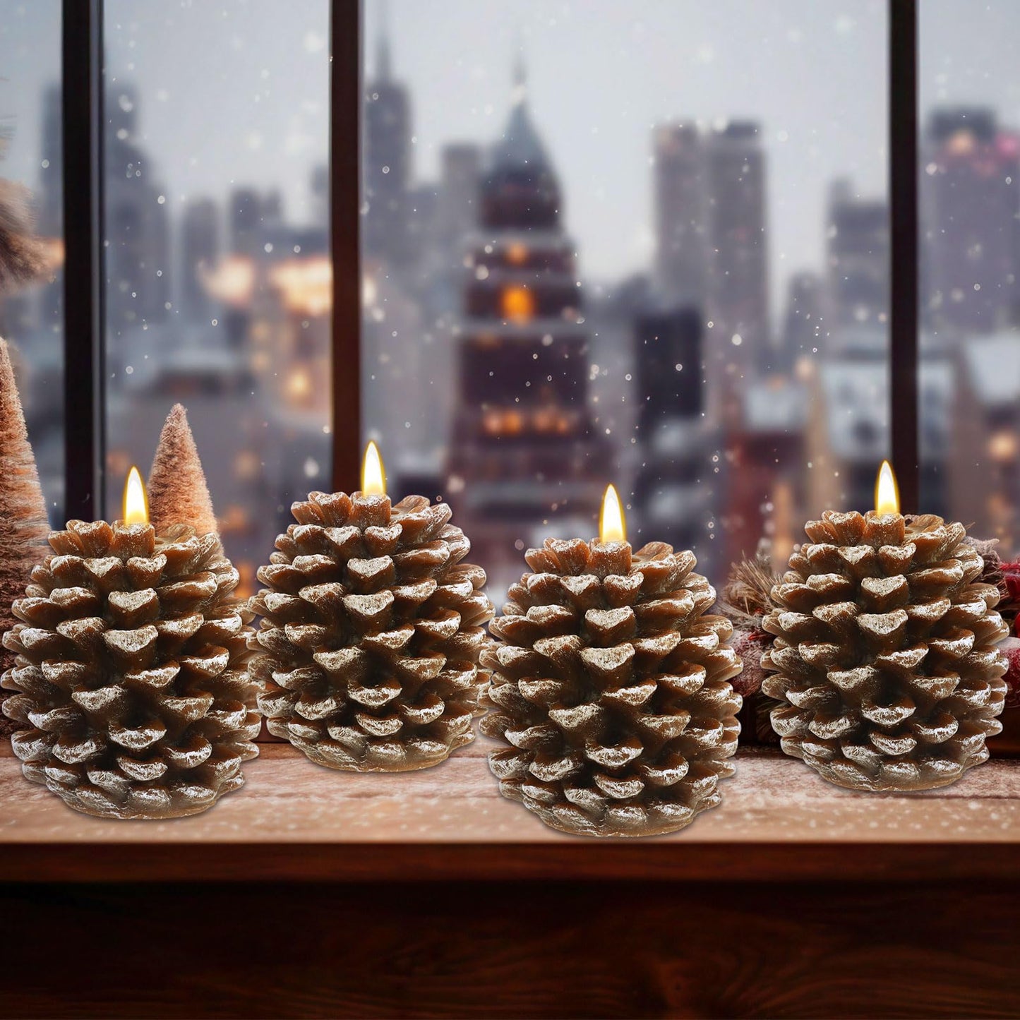 Baquler 4 Pcs LED Pine Cone Candles, Battery Operated, Flameless, Real Wax Pine Cone Candles with LED Flickering for Christmas Party Decoration