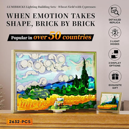 Wheat Field with Cypresses Building Blocks Set with Lights - 3D Wall Art Home &amp Office Decor - Gift for Adults &amp Visual Art Lovers