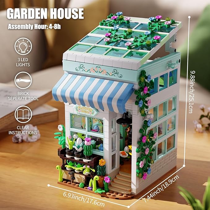 Flower House Building Set with LED Lights 1077 PCS City Greenhouse Building Block Toy Garden House Architecture Book Nook Home Decor Birthday Gift for Adults or Girls 8-12 Years
