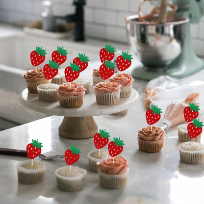 24 PCS Strawberry Cupcake Toppers Red Glitter Fruit Theme Berry Strawberry Cupcake Picks for Summer Sweet Fruit Baby Shower Kids Birthday Party Cake Decorations Supplies