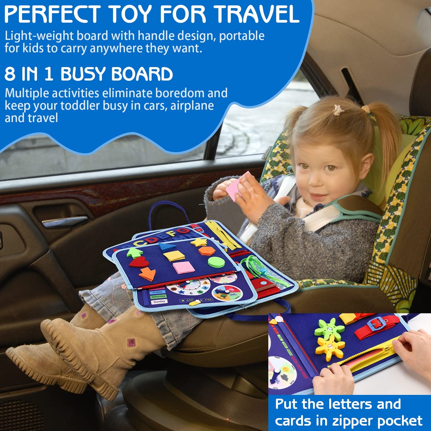 Esjay Toddler Busy Board Montessori Toys, Sensory Board Educational Activities for Learning Fine Motor Skills, Gifts for Girls Boys Toddlers, Travel Toys for Airplane Car,Blue Dinosaur