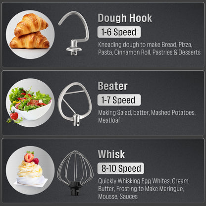 Stand Mixer Body with Stainless Steel Cladding Pro-Grade Powerful Kitchen Mixer for Baking Bread Dough Cake 10+p Speed Tilt-Head Electric Food Mixer With 6.5QT Bowl Dough Hook Wire Whisk Flat Beater