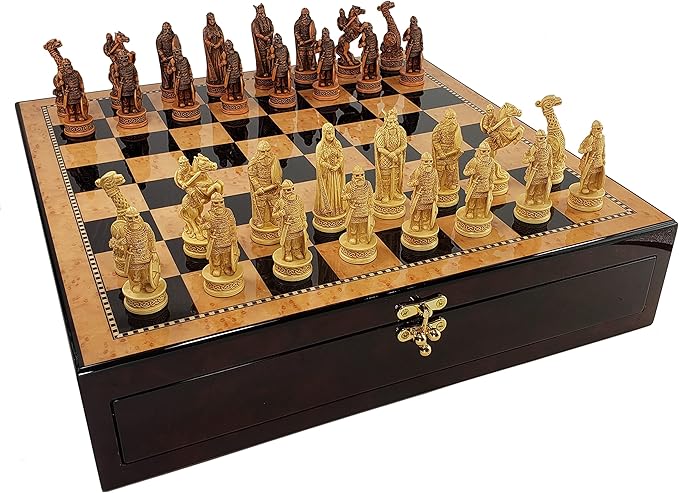 Antique Ivory &amp Brown Norse Viking Chess Set with 17 inch Walnut and Birdseye Maple Color Storage Board