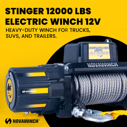 Novawinch Stinger 12000 lbs Electric Winch 12V - 12000 lb Synthetic Rope Motor Winch for Offroad, Truck, SUV, Trailer, Boat, ATV - Heavy Duty Vehicle Recovery System with 85 ft Synthetic Rope & Hook