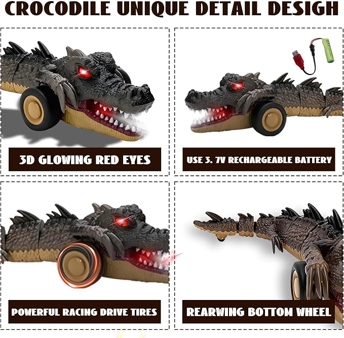 Remote Control Crocodile Car Toy2.4Ghz RC Toy Cars Boys 3-12 Year Old360°Rolling Turns &amp Slides with Lights Cool Outdoor Toys Birthday Gifts Xmas Gifts (Black)
