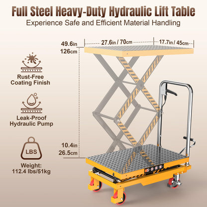 Tera Hydraulic Lift Table Cart: 330lbs Capacity 10.4"-49.6" Lift Height Manual Double Scissor Lift with Anti-Collision Wheels Non-Slip Pad & Fixing Tape for Warehouse Material Handling LT1502