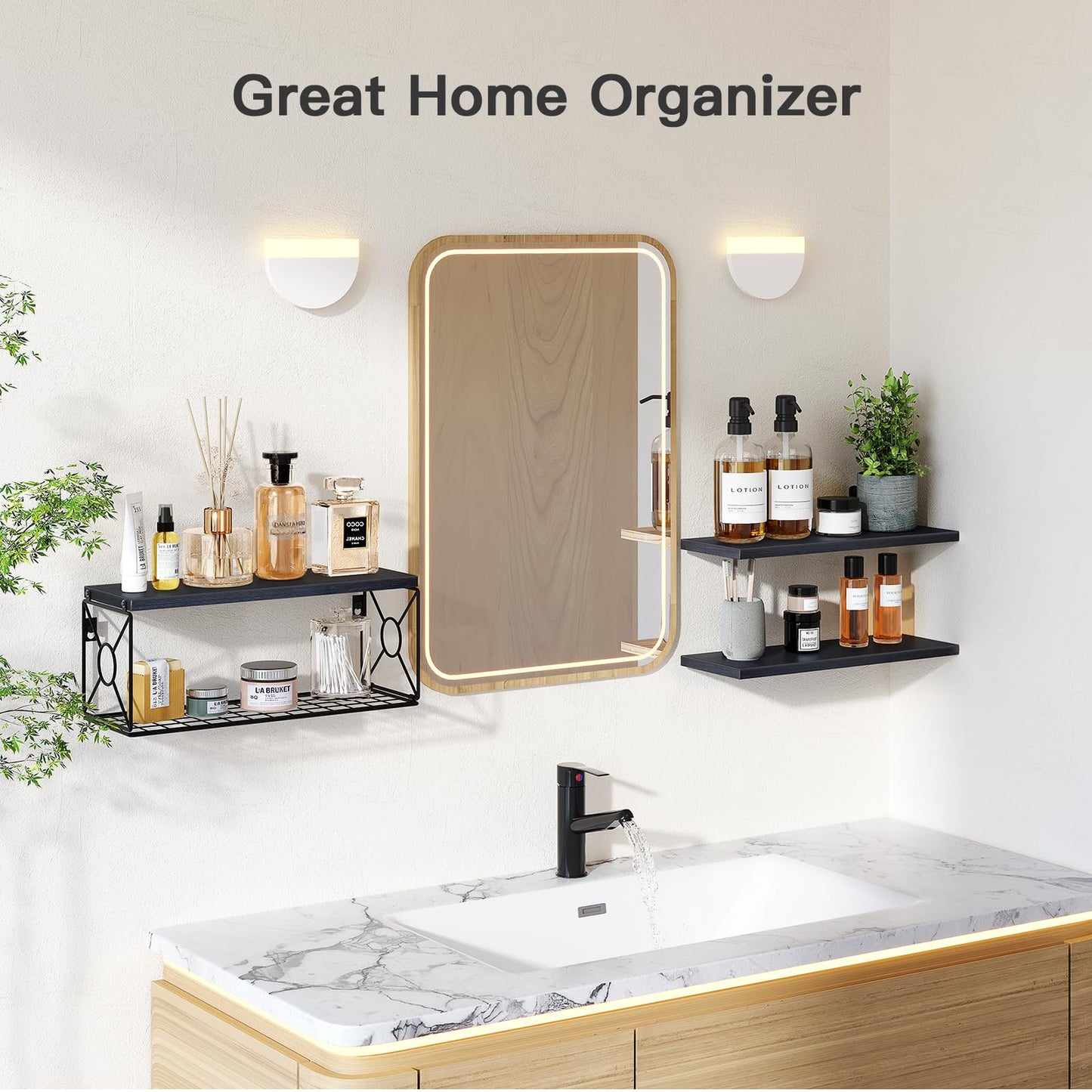 Amada Bathroom Shelves Over Toilet with Storage Basket, Floating Wall Shelves for Home Organization & Wall Decor, Bathroom/Kitchen/Living Room ShelvesBlack
