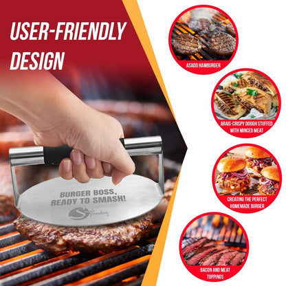 Simple preading Smash Burger Press with Fun Quotes - Stainless Steel Hamburger Smasher for Griddle & Grill Press, Perfect for BBQ, Flat Tops, Patty Making, (5.5" XL, Burger Boss)