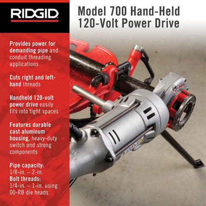 RIDGID 41935 Model 700 Hand-Held 120-Volt Power Drive Pipe Threader, Compatible with RIDGID 12-R, 00-R, 00-RB, and 11-R Die Heads, Silver