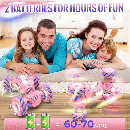 Pink Remote Control Car Toys Gifts for Girls 6-12 with Light &amp Music &amp Spray 2.4Ghz 4WD Double-Sided 360° Rotating Gesture Sensing RC Stunt Car Birthday for Girls Kids