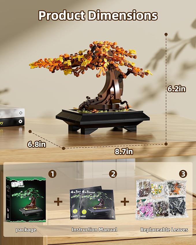 4 in 1 Bonsai Tree Building Set Four Season Cherry Bonsai Tree Building Kit Artificial Plant Decor for Home Desk Greenery Mother's Day Present Xmas Gifts for Adults Girls&ampBoys (529pcs)