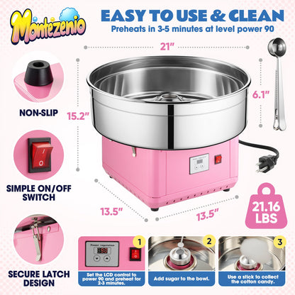 𝟐𝟎𝟐𝟓 𝐔𝐩𝐠𝐫𝐚𝐝𝐞𝐝 Cotton Candy Machine Commercial, 1000W Electric Cotton Candy Maker Kit with Pure Copper Motor, 21” Commercial Cotton Candy Maker Machine for Kids Birthday, Family Party Pink