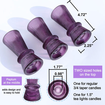 VOHO Purple Ribbed Taper Candle Holders Set of 3, Minimalist Style Glass Candle Holder for Candlesticks and Tealight Candles, Classy Candlestick Holders for Easter Halloween Wedding Decor