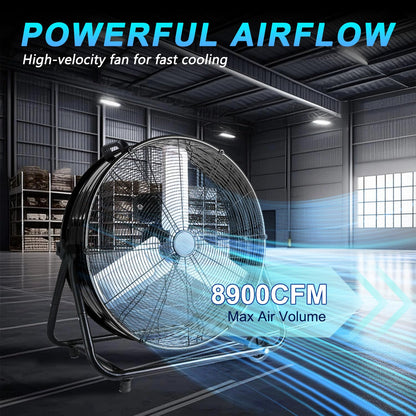 WARMLREC 24" Industrial Floor Fan, 8900 CFM High Velocity Drum Fan with 3 Speeds, Portable Heavy Duty Industrial Fan for Warehouse, Workshop, Factory, Commercial, Residential and Greenhouse Black