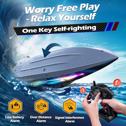 30KMH RC Remote Control Boat with 7 LED Light Modes Waterproof Electric Fast Speed Boat for Adults Kids 8-12 Lake Pool Water PlaySelf-rightingDemoWater Cooling20MinsLow Battery Alert2.4GhzBlue