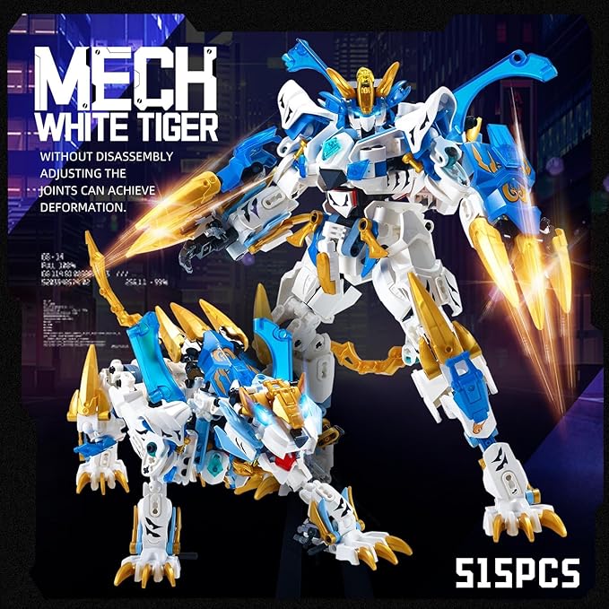 White Tiger 2 in 1 Mech Building SetsTransform Robot Building Blocks Kits for Adults Transforming Mecha Building Kits Action Figure ToysBirthday Gifts for Boys Ages 8 10 12 14 (White Tiger)