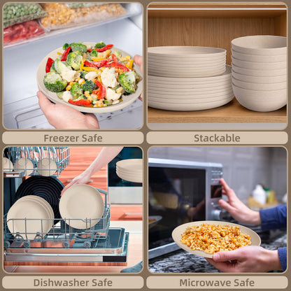 Gudvilla Wheat Straw Dinnerware Sets, 32Pcs Plastic Plates and Bowls Sets for 8, Unbreakable Reusable Wheat Straw Bowls Plates Cups Dishes Set, Dishwasher Microwave Safe, for RV Kitchen Camping
