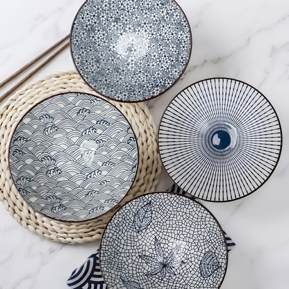 QINLANG 38 oz Japanese Ramen Bowls, Ceramic Set of 4 for Cereal, Soup, Pho, Noodles - Blue and White, 8 Inches
