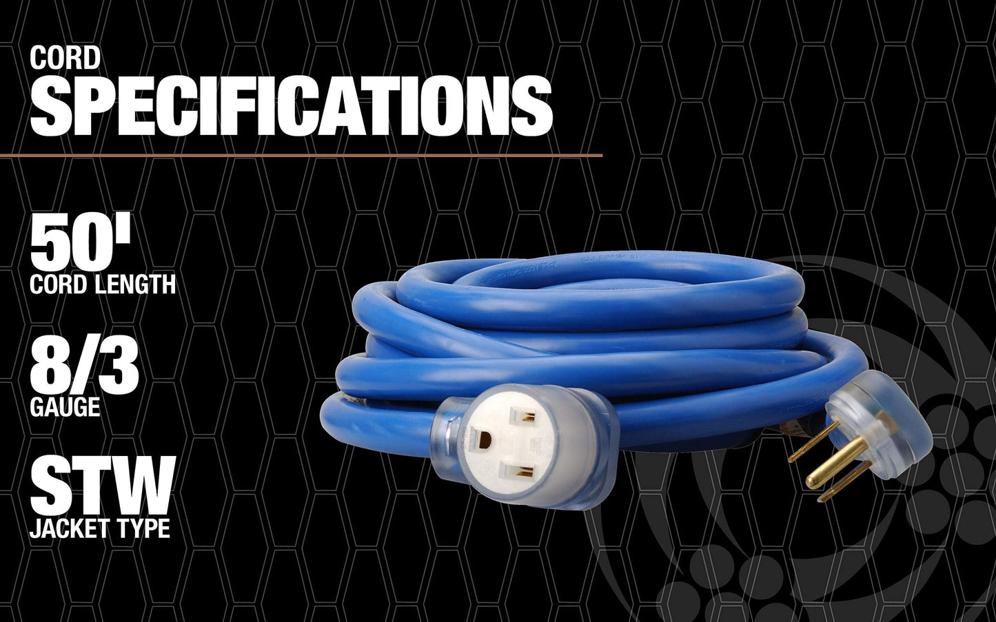 Southwire Welder Extension Cord - Heavy-Duty Power Cable for Industrial Welding Machines - STW Jacket - Molded Ends - Lighted Receptacle - 50-Amp/250-Volt - 50-Feet