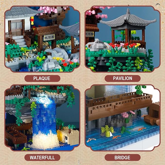 Cherry Blossom Bonsai Tree Micro Building Block Set Chinese Architecture Peach Blossom Pond Kits Japanese Sakura Tree Valentine's Day Gifts for Adults Age 14+ (2705Pieces)