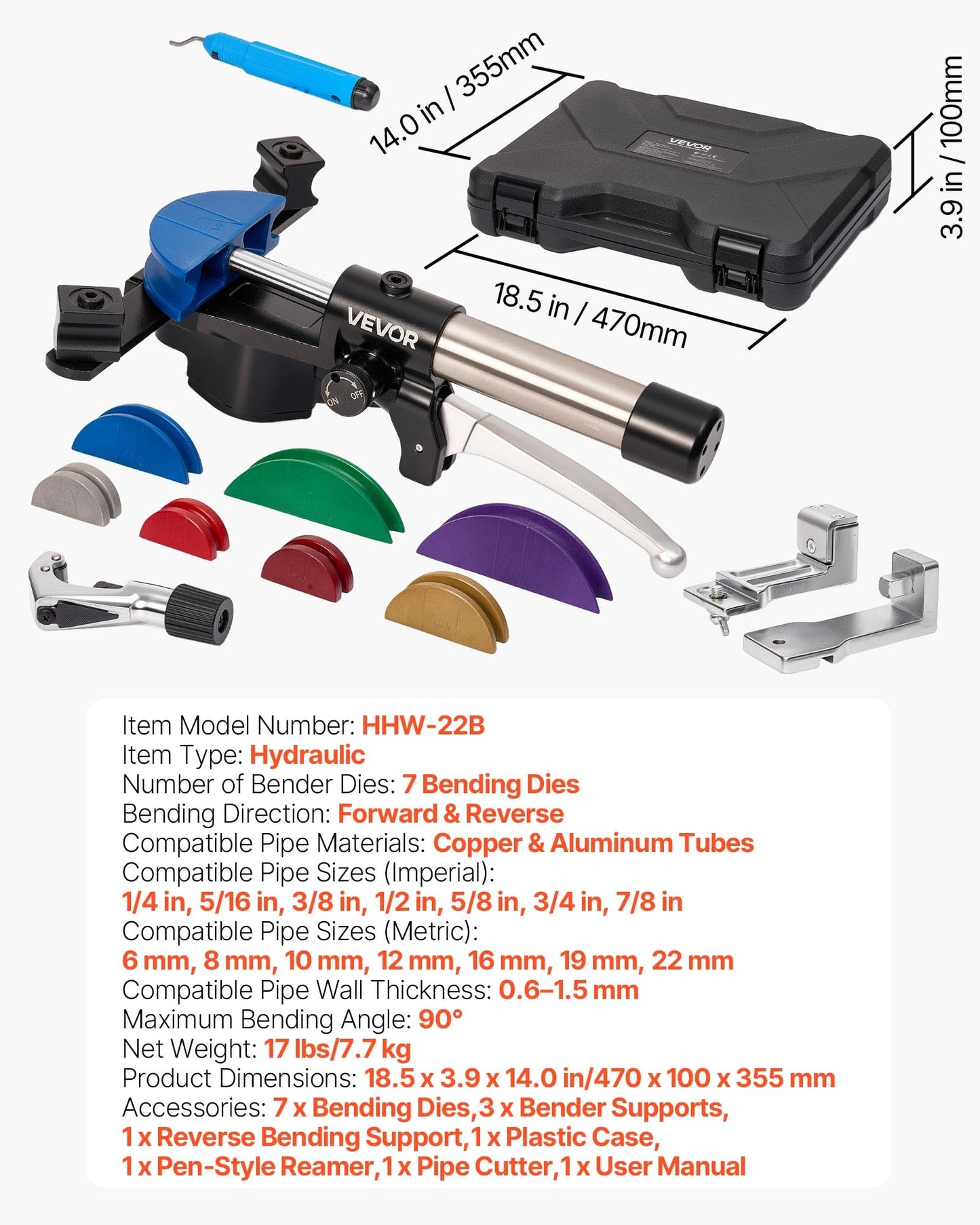 VEVOR Hydraulic Tubing Bender Kit, 1/4 to 7/8 Inch, Copper Tube Pipe Bender, Forward/Reverse HVAC Bending Tool, with 7 Color Aluminium Alloy Dies, for HVAC Air Conditioning Refrigeration Auto Repair