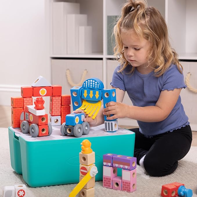 Melissa &amp Doug Blockables™ Deluxe City Snap and Play Mix and Match Connectable Wooden Building Blocks Set with Storage Bin and Play Lid (122 Pcs) Ages 2 to 7- FSC Certified