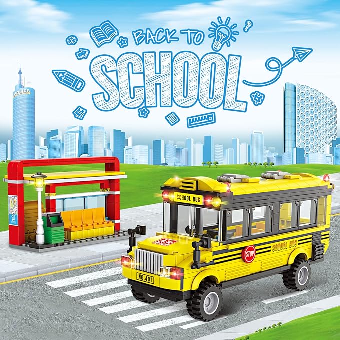 School Bus Building Blocks Set City School Day Bus Construction Playset with School Bus &amp Station Education Learning Roleplay STEM Brick Toys Ideal Gift for Kids Boys Girls Aged 6+ (488 Pieces)