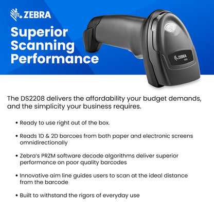 Zebra DS2208 Handheld Barcode Scanner w/Stand | 1D 2D QR Code Scanner |Easy Setup | Corded with Shielded USB Cable