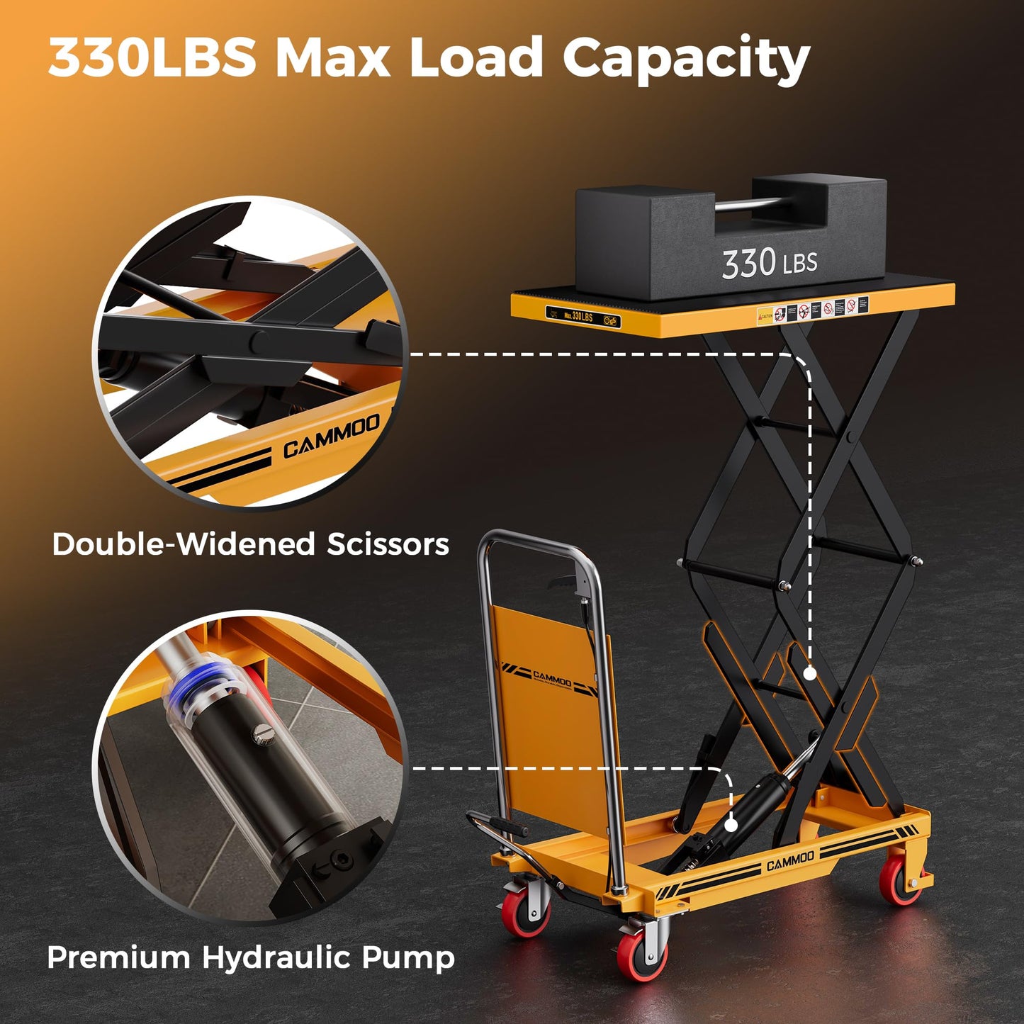 CAMMOO Hydraulic Lift Table Cart, 330lbs Capacity 49.6" Lifting Height, Double Scissor Lift Table with Non-Slip Pad & Safety Guard for Material Handling & Transportation, Yellow